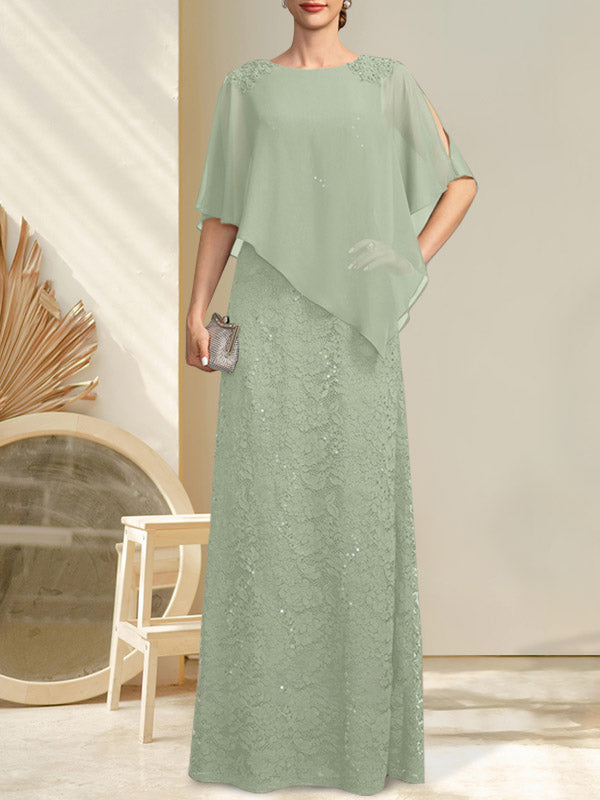 Vestido de madre de la novia de gasa con encaje, escote redondo y largo hasta el suelo, con lentejuelas y abalorios