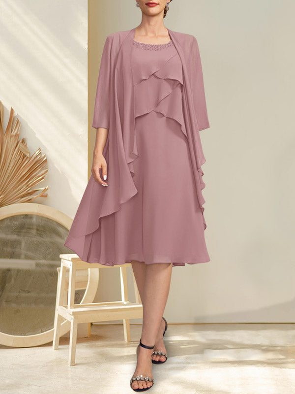 Vestido de gasa para madre de la novia con escote en A y escote redondo hasta la rodilla con cuentas