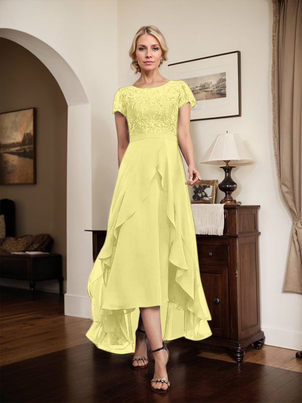 Vestido de madre de la novia de gasa asimétrica con escote en A, ilusión, encaje, lazo, volante y lentejuelas