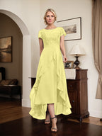Vestido de madre de la novia de gasa asimétrica con escote en A, ilusión, encaje, lazo, volante y lentejuelas