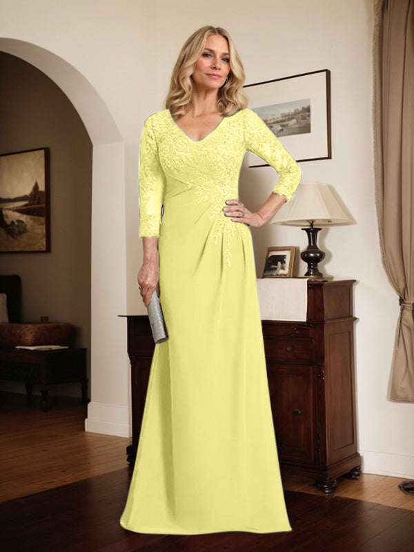 Vestido de madre de la novia de gasa con encaje, escote en V, ilusión, largo hasta el suelo, con lentejuelas plisadas