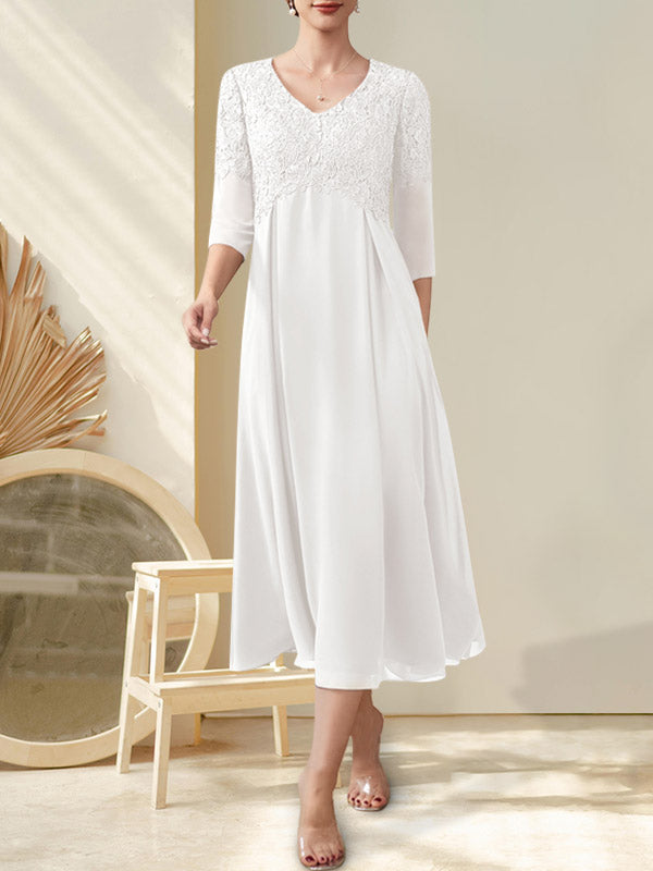 Vestido de gasa con encaje y escote en V, largo hasta la rodilla, para madre de la novia con cuentas