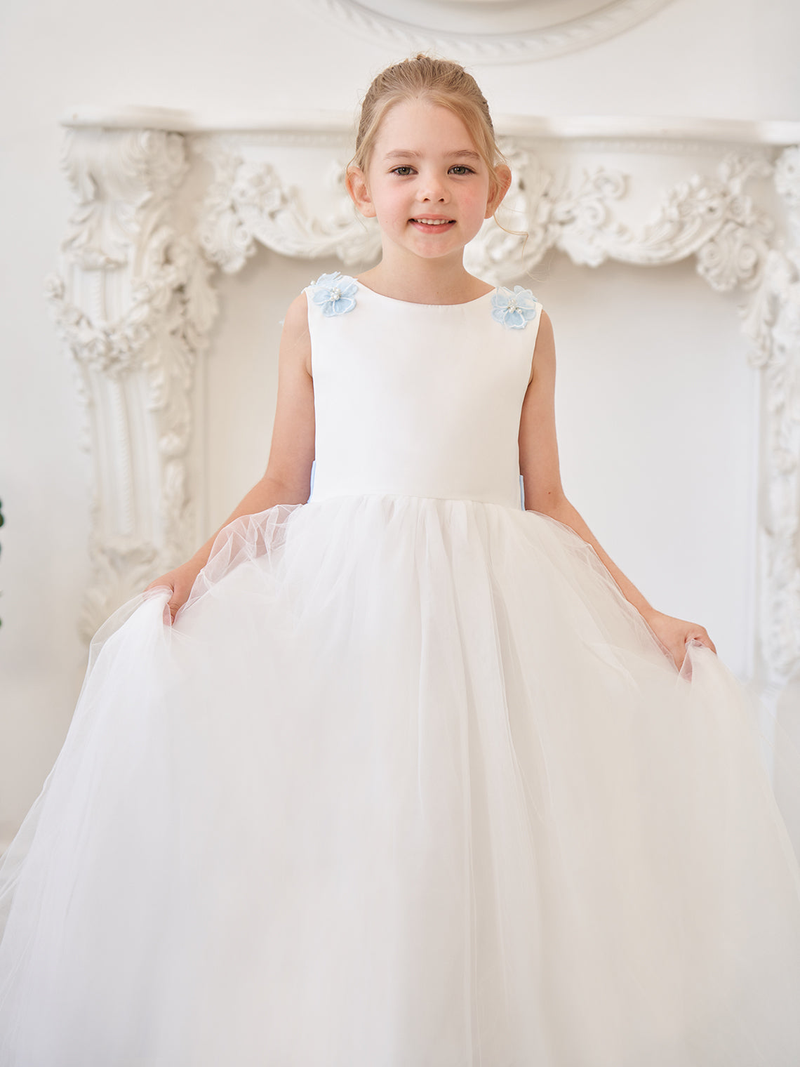 Vestido de fiesta/princesa con flores 3D de tul hasta el suelo color marfil para niña de las flores