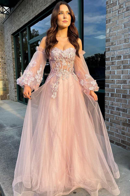 Vestido de fiesta rosa de tul sin tirantes, corte A y mangas globo