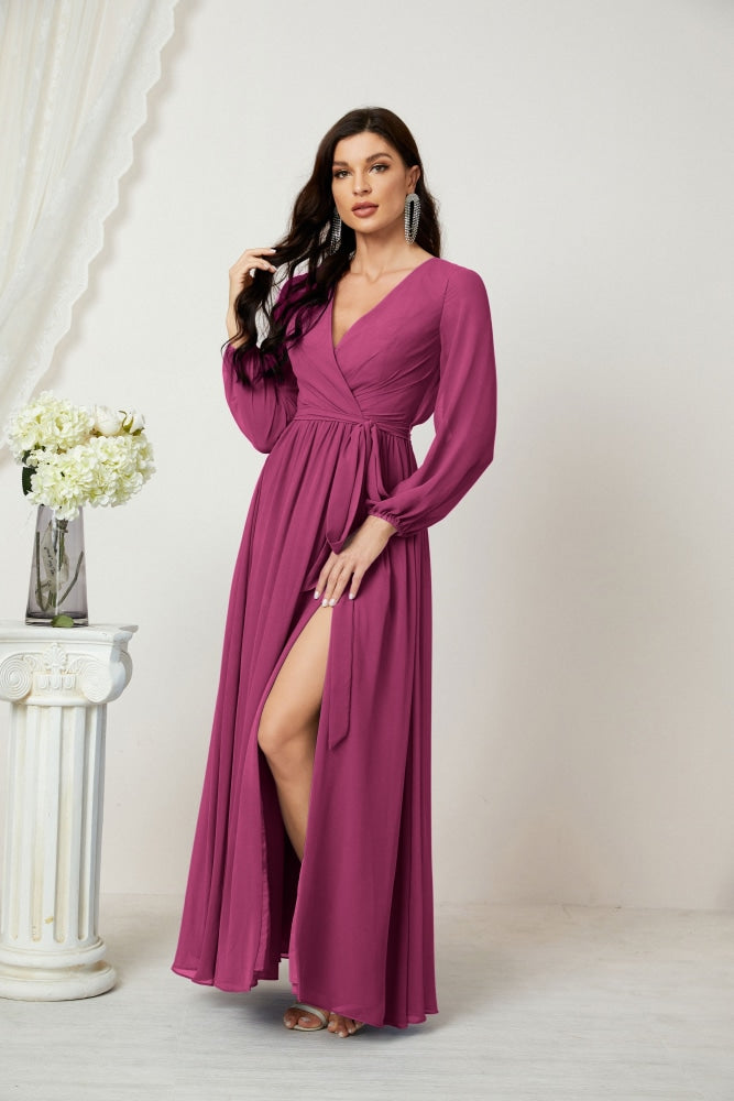Vestidos de noche Sunnderly con escote en V profundo, gasa, para dama de honor, manga larga de obispo, abertura lateral, vestido formal SY2806 
