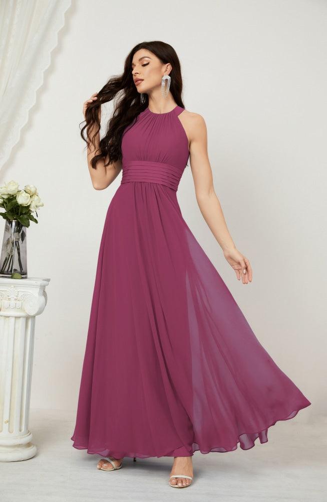 Vestido formal de fiesta Sunnderly de gasa con cuello halter, largo y sin mangas, para dama de honor SY2802 
