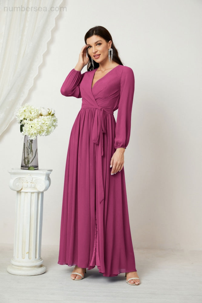 Sunnderly Evening Dresses Deep V-Neck Chiffon Bridesmaid Dresses Long Bishop Sleeve Side Split Formal Dress SY2806