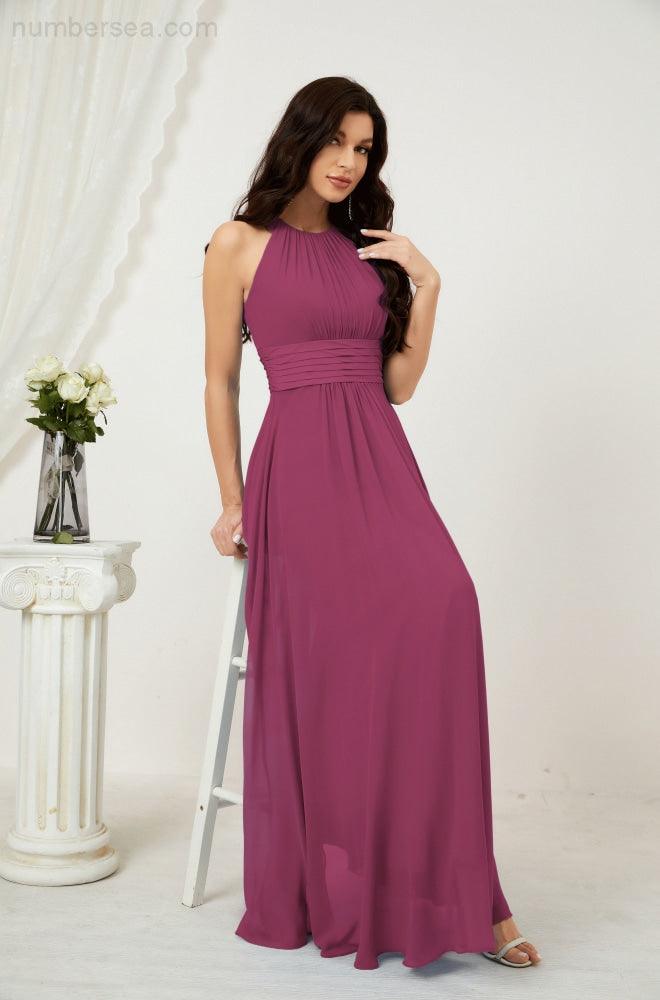 Vestido formal de fiesta Sunnderly de gasa con cuello halter, largo y sin mangas, para dama de honor SY2802 