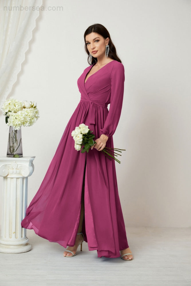 Vestidos de noche Sunnderly con escote en V profundo, gasa, para dama de honor, manga larga de obispo, abertura lateral, vestido formal SY2806 