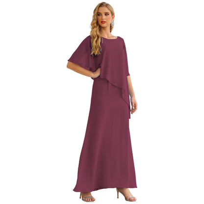 Sunnderly Chiffon Plus Size Mother of The Bride Dresses Formal Prom Gown Ruffle Cape