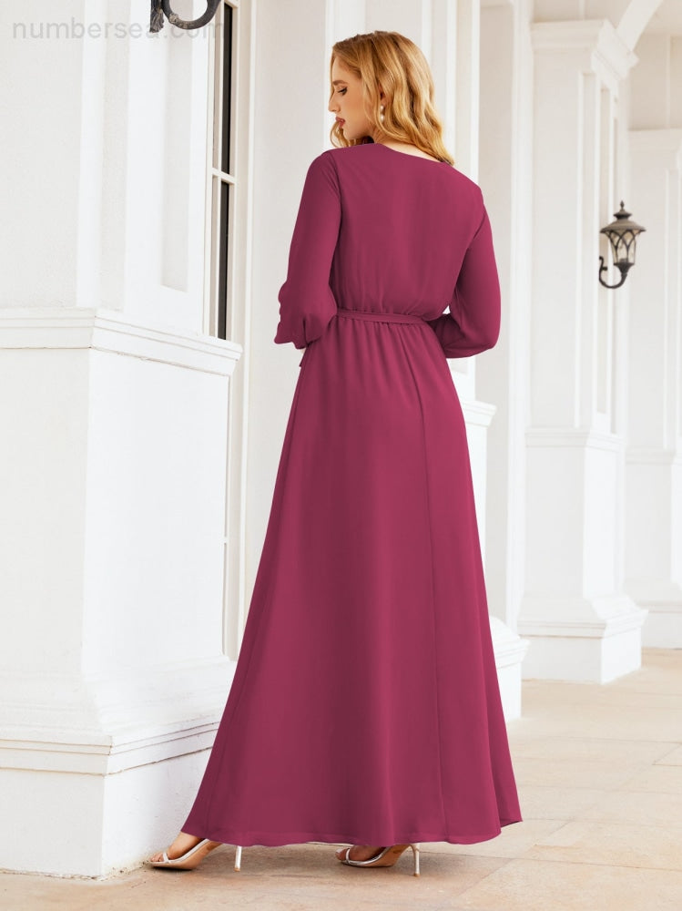 Sunnderly Women's Chiffon Bridesmaid Dress A line Long Sleeves Formal Evening Prom Gown for Wedding Guest SY28032