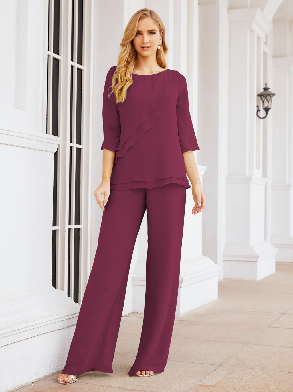Elegante vestido de dos piezas para madre de la novia, talla grande, pantalón, capas con volantes, bata plateada SY28064 