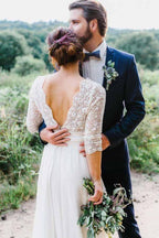 Vestido de novia de gasa con encaje, espalda descubierta y mangas 3/4, WD291