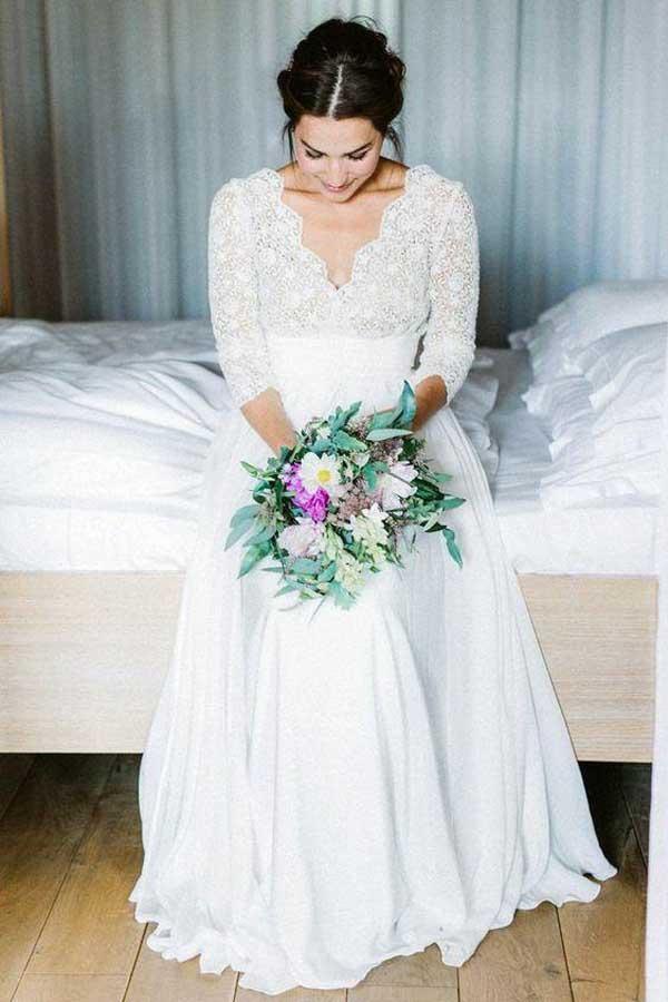 Vestido de novia de gasa con encaje, espalda descubierta y mangas 3/4, WD291