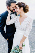 Vestido de novia de gasa con encaje, espalda descubierta y mangas 3/4, WD291