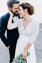 Vestido de novia de gasa con encaje, espalda descubierta y mangas 3/4, WD291