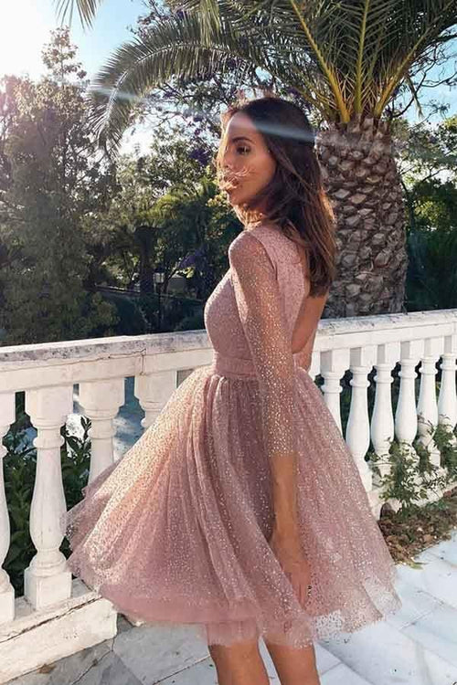 3/4-Ärmel Kurzes Ballkleid Rosa Homecoming-Kleid mit offenem Rücken PD330