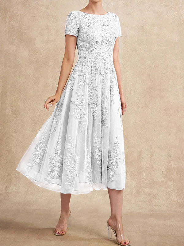 Vestido de madre de la novia de tul con encaje y corte en A, largo hasta la rodilla