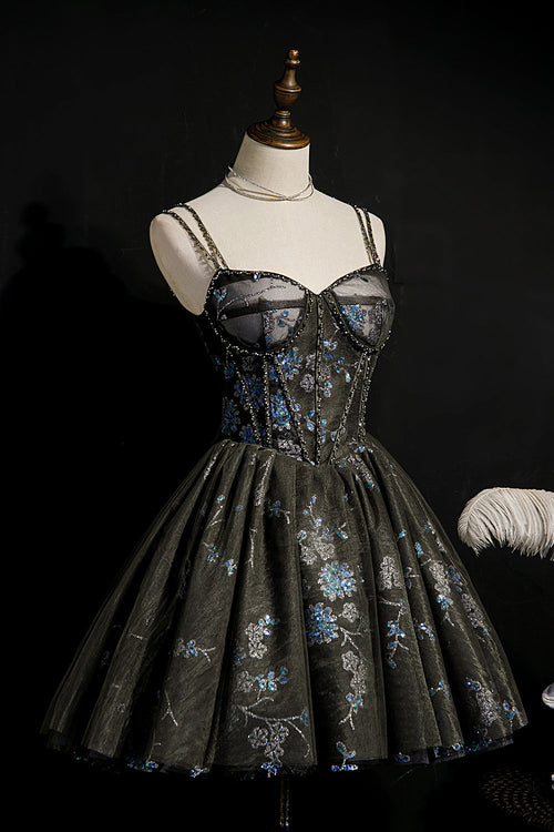 Vestido de fiesta de tul con lentejuelas y cordones en forma de A