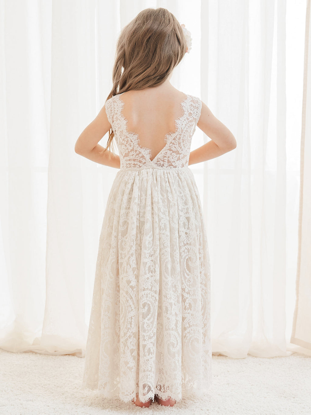 A-Linien-Spitze Knöchellanges Elfenbein Boho Blumenmädchenkleid 
