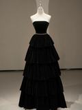 Chic Black A-line Layered Evening Dress Black Strapless Evening Gown Y4378
