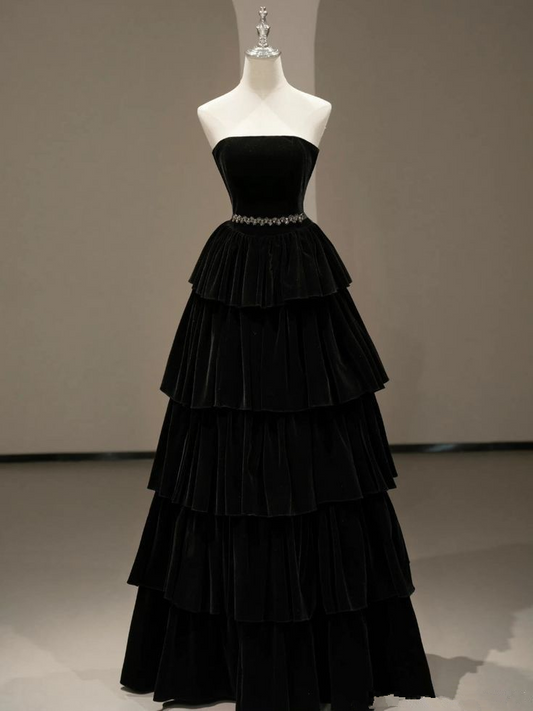 Chic Black A-line Layered Evening Dress Black Strapless Evening Gown Y4378
