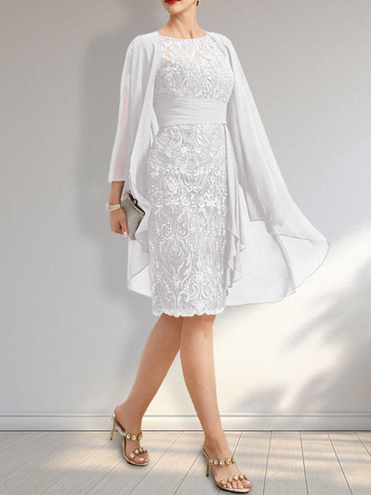 Vestido de madre de la novia de gasa con encaje, escote redondo, ilusión, largo hasta la rodilla, con volantes en cascada y lentejuelas