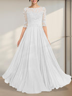 Vestido de gasa de encaje con escote en A y ilusión hasta el suelo para madre de la novia con lentejuelas plisadas