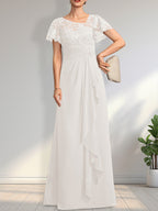 A-line Asymmetrical Illusion Floor-Length Lace Chiffon Mother of the Bride Dress With Cascading Ruffles Sequins