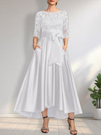 Vestido de madre de la novia de encaje satinado asimétrico con ilusión de corte A y lazo