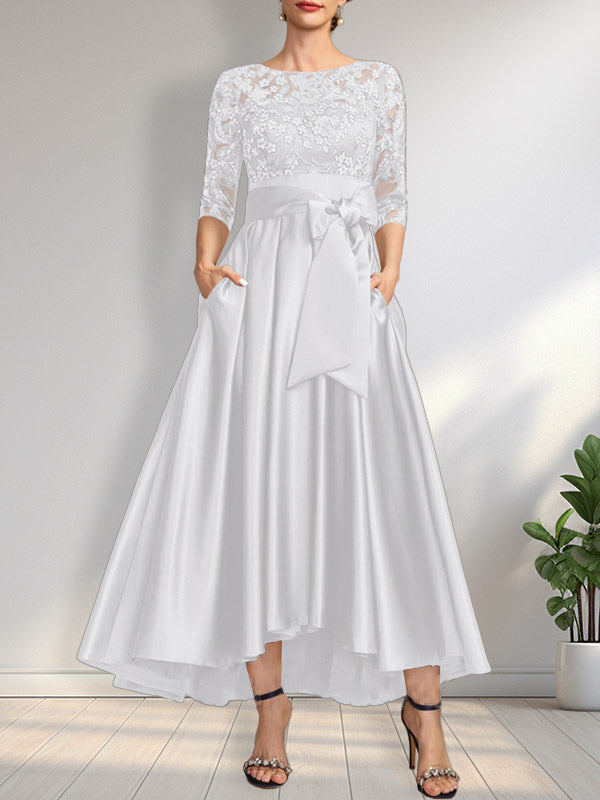 Vestido de madre de la novia de encaje satinado asimétrico con ilusión de corte A y lazo