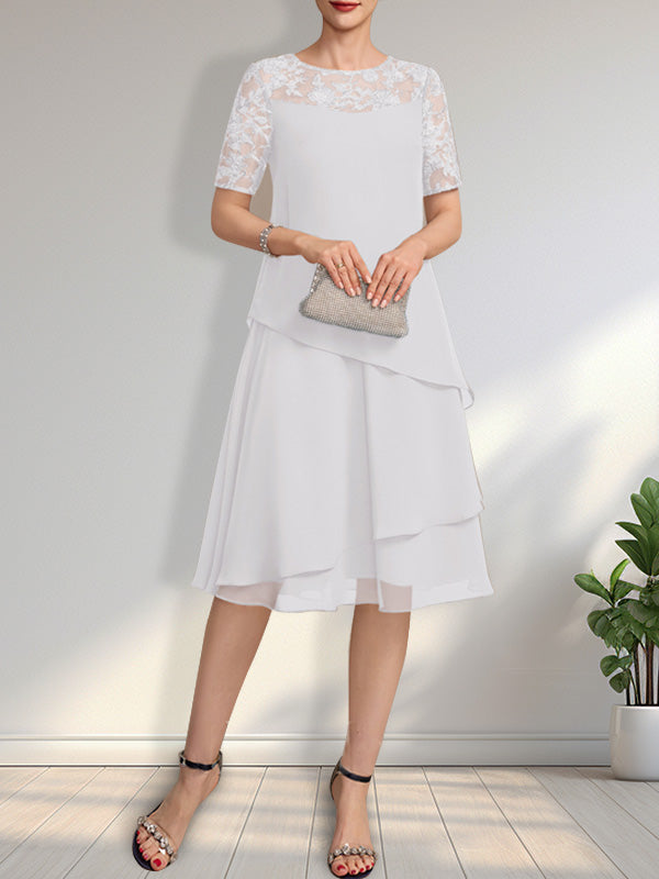 Vestido de gasa con encaje y lentejuelas para madre de la novia, corte A, escote ilusión, largo hasta la rodilla