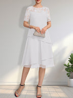 Vestido de gasa con encaje y lentejuelas para madre de la novia, corte A, escote ilusión, largo hasta la rodilla