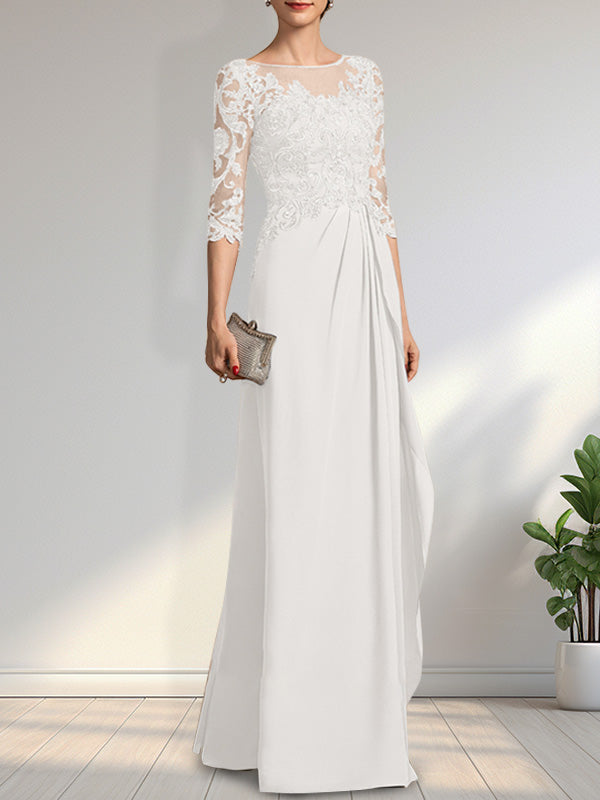 Vestido de gasa para madre de la novia con encaje, corte A, escote redondo, ilusión, largo hasta el suelo, con lentejuelas y abalorios y volantes en cascada