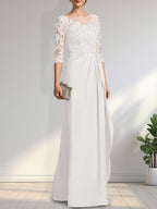 Vestido de gasa para madre de la novia con encaje, corte A, escote redondo, ilusión, largo hasta el suelo, con lentejuelas y abalorios y volantes en cascada