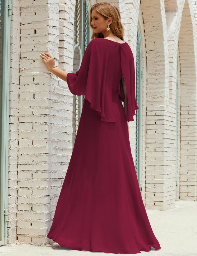 Vestido de dama de honor Sunnderly para mujer, de gasa, manga larga y cuello en V, vestido formal para boda o fiesta SY28018 