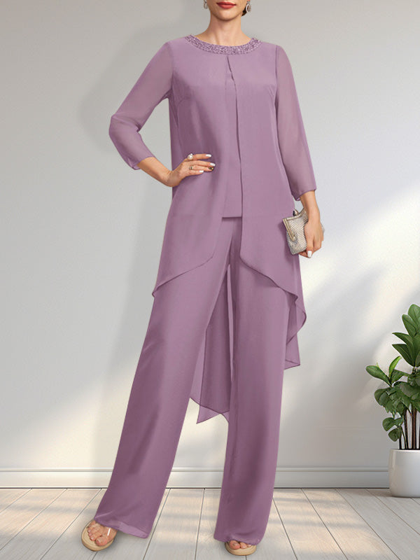 Vestido de gasa para madre de la novia con lentejuelas y abalorios, largo hasta el suelo y mono/pantalón separado
