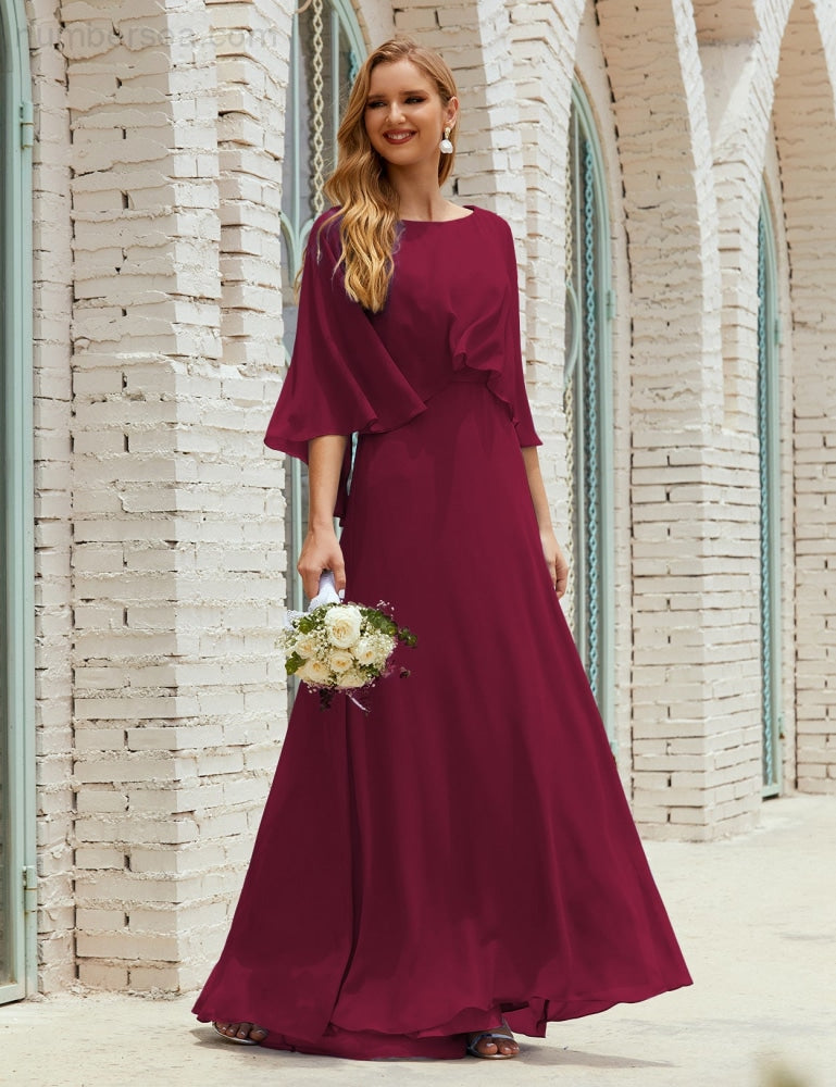 Vestido de dama de honor Sunnderly para mujer, de gasa, manga larga y cuello en V, vestido formal para boda o fiesta SY28018 