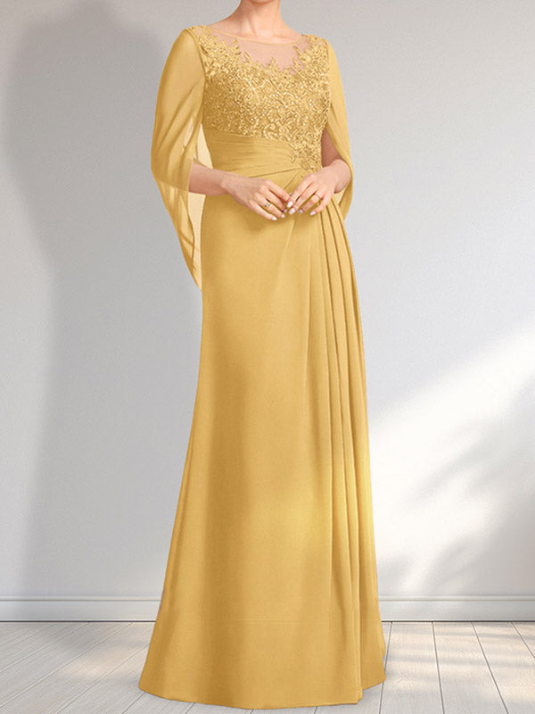 Vestido de gasa con encaje, ilusión, corte A, largo hasta el suelo, para madre de la novia con lentejuelas plisadas