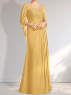Vestido de gasa con encaje, ilusión, corte A, largo hasta el suelo, para madre de la novia con lentejuelas plisadas