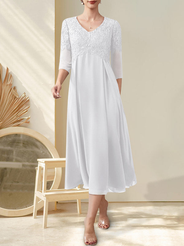 Vestido de gasa con encaje y escote en V, largo hasta la rodilla, para madre de la novia con cuentas