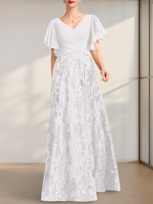 A-Linie V-Ausschnitt Bodenlang Spitze Pailletten Chiffon Mutter der Braut Kleid Mit Plissee