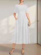 Vestido de gasa para madre de la novia, corte A, escote redondo, largo hasta la rodilla, con apliques de encaje y lentejuelas