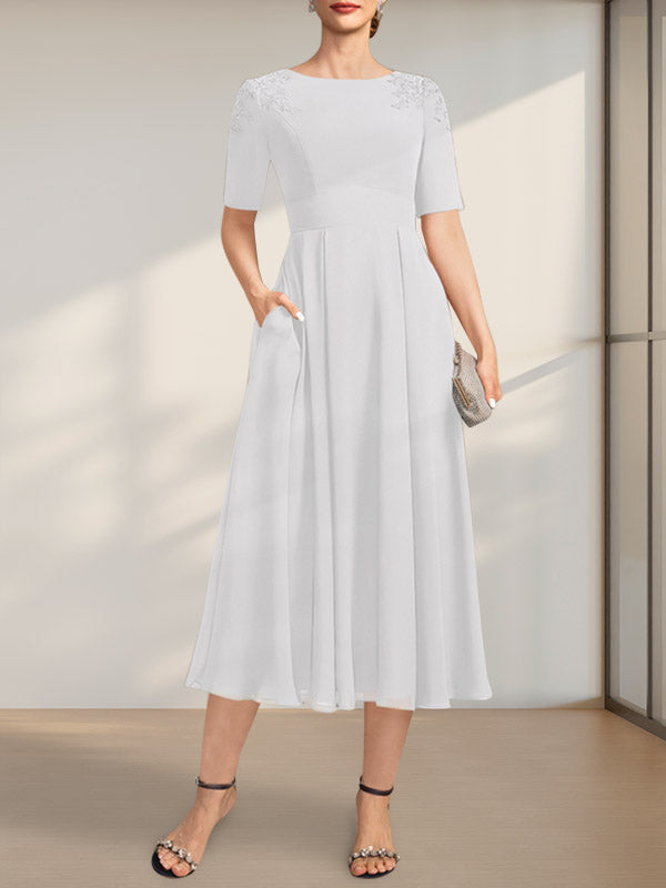 Vestido de gasa para madre de la novia, corte A, escote redondo, largo hasta la rodilla, con apliques de encaje y lentejuelas