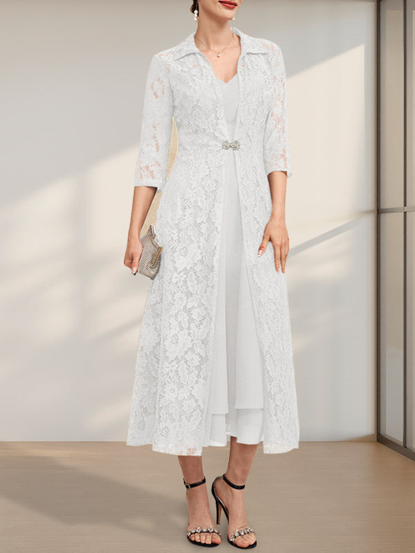 Vestido de gasa para madre de la novia con escote en V y corte A hasta la rodilla