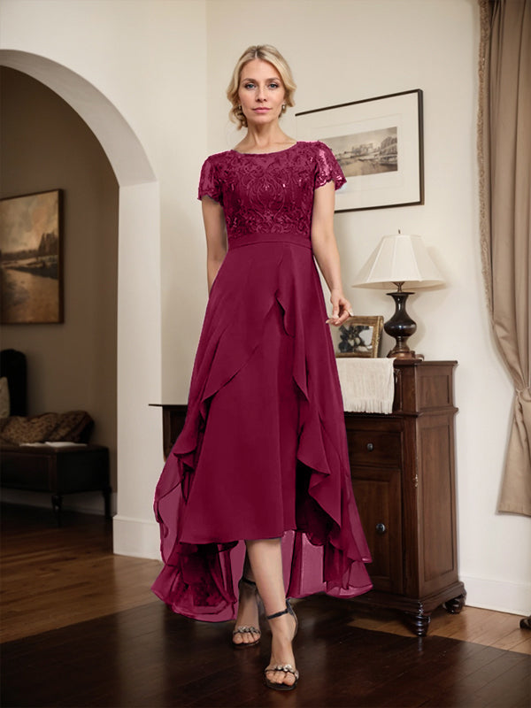 Vestido de madre de la novia de gasa asimétrica con escote en A, ilusión, encaje, lazo, volante y lentejuelas