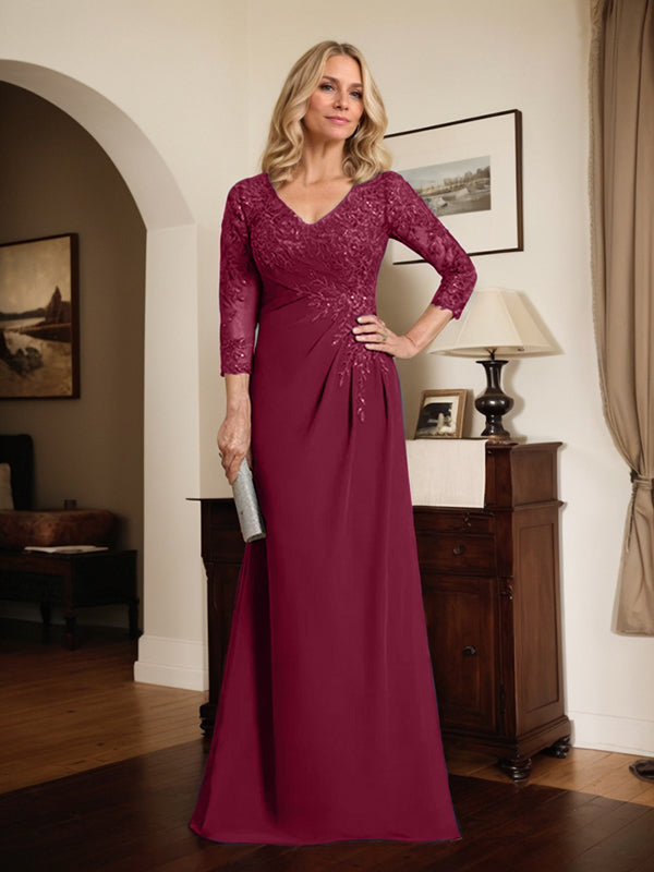 Etui-/Säulen-Kleid mit V-Ausschnitt, bodenlangem Illusion-Spitzen-Chiffon und plissierten Pailletten 