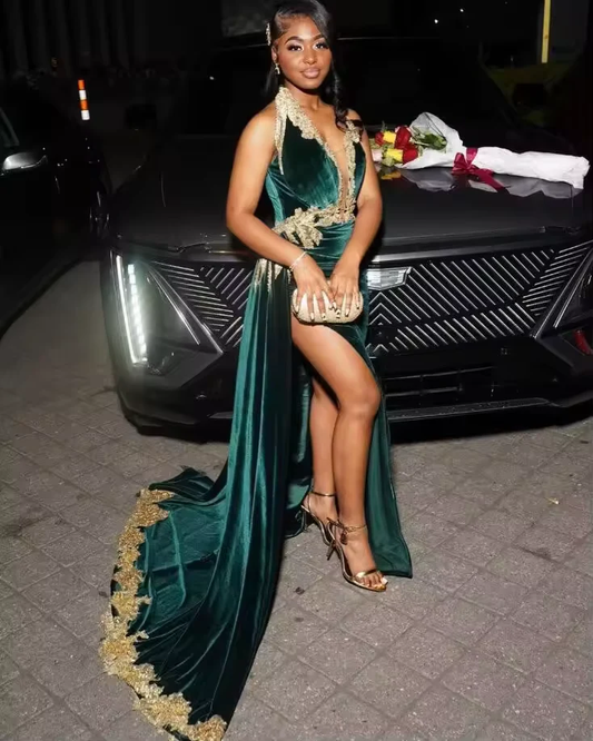 Vestido de noche sexy de terciopelo verde con apliques dorados y abertura con cuentas, vestido de cumpleaños para niña Y8122