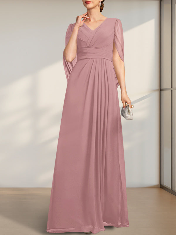 Vestido de gasa para madre de la novia con escote en V, largo hasta el suelo, con pliegues