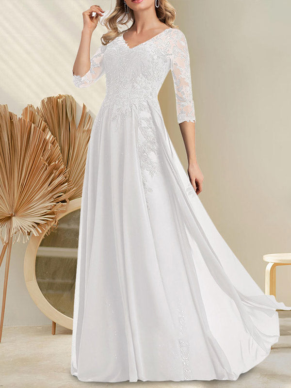 Vestido de madre de la novia de gasa con encaje, escote en V y lentejuelas, largo hasta el suelo